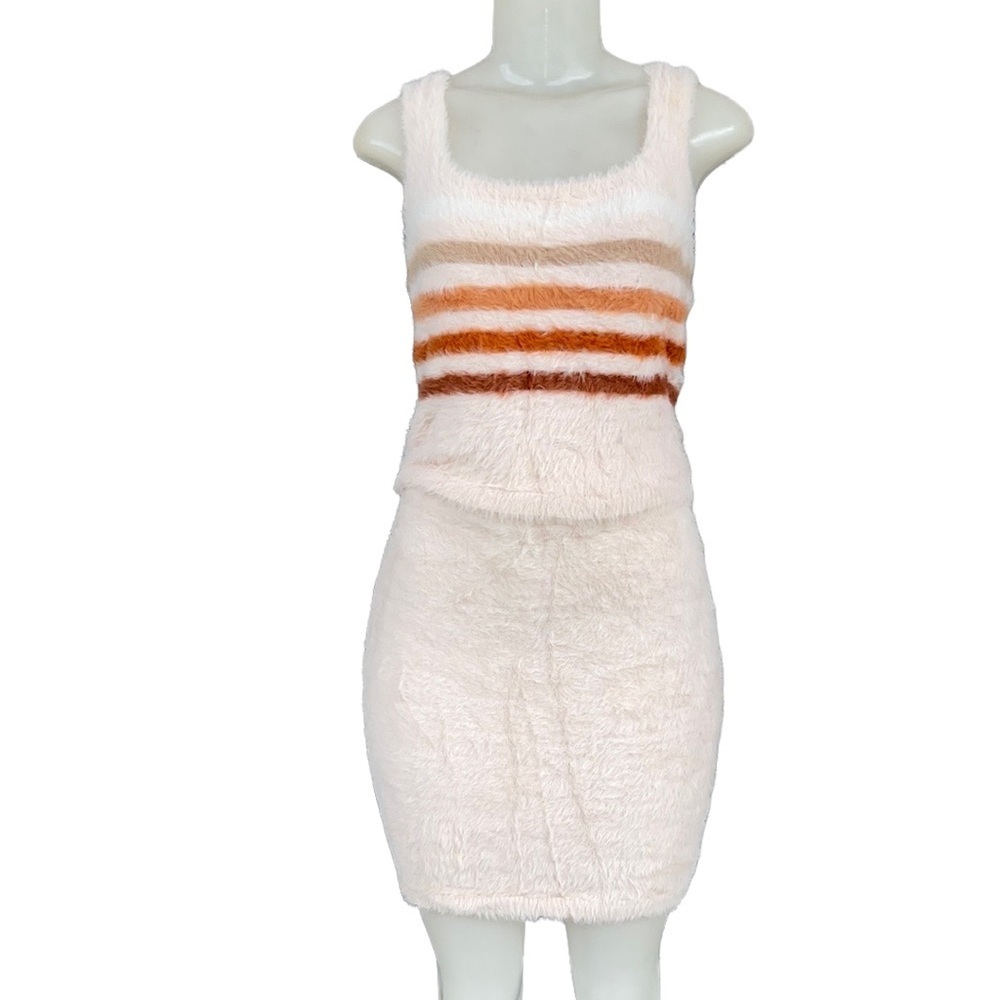Almost Famous Cream Fuzzy Two-Piece Skirt Set with Rust Stripes Size M